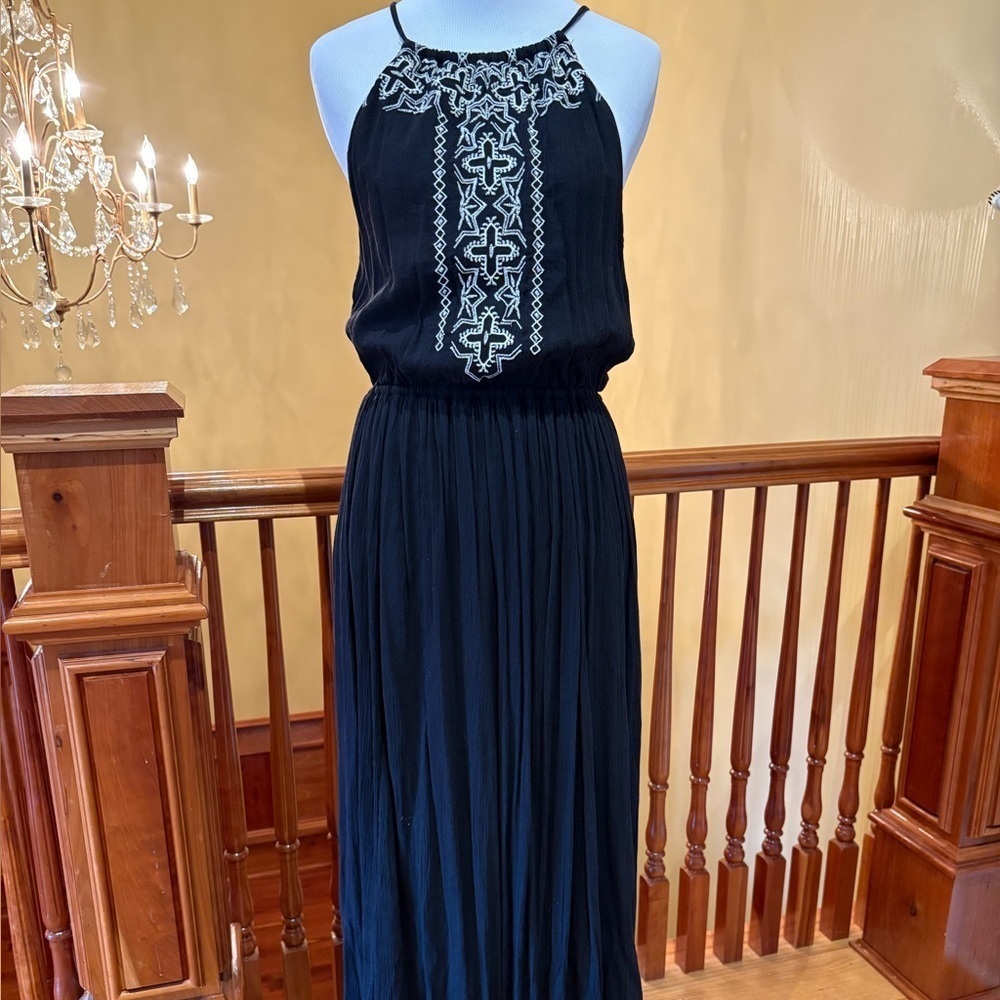 Hollister Boho Bohemian Embroidered Black Maxi Side Slits Dress Wmns’s Sz M